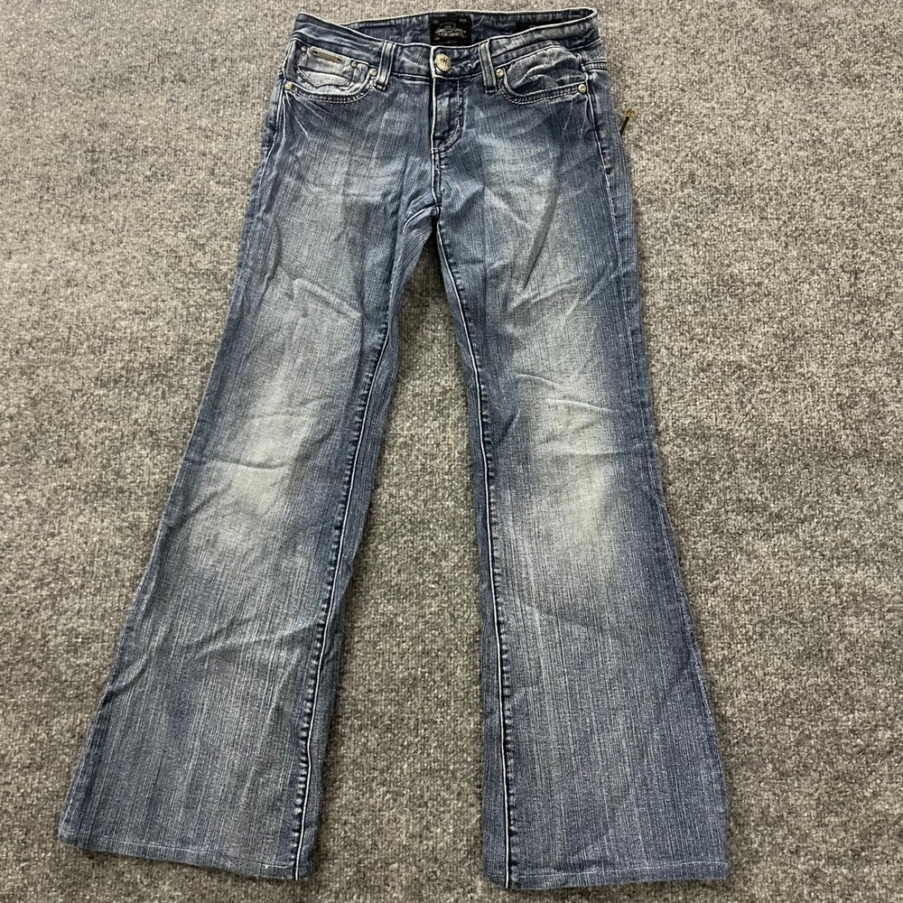 Rock For Express Jeans Womens Size 28 Blue Flare Stretch Embroidered Pockets